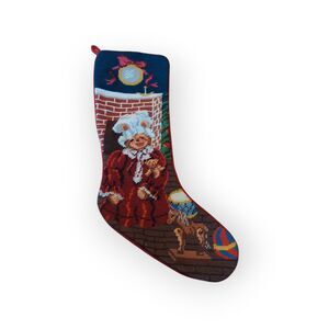 Mrs Santa Bear Christmas Stocking Needlepoint Velvet Rocking Horse Holiday